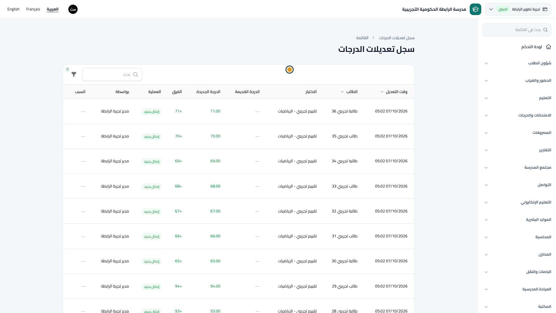 سجل تعديلات الدرجات
