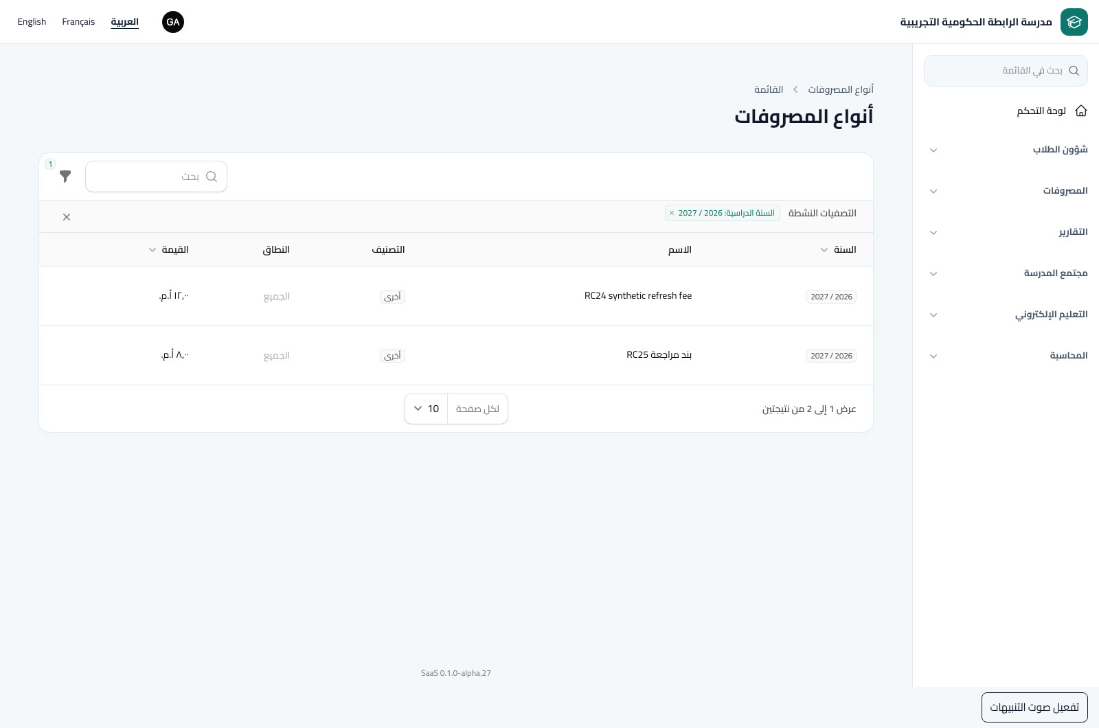 أنواع المصروفات