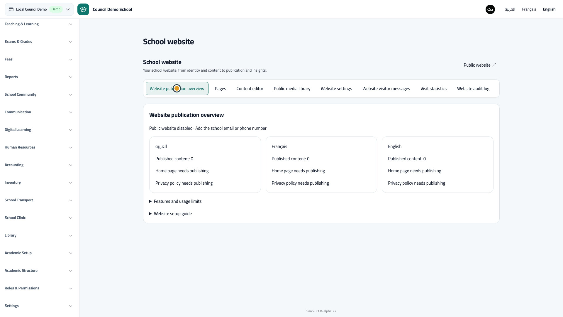 School website — publication overview
