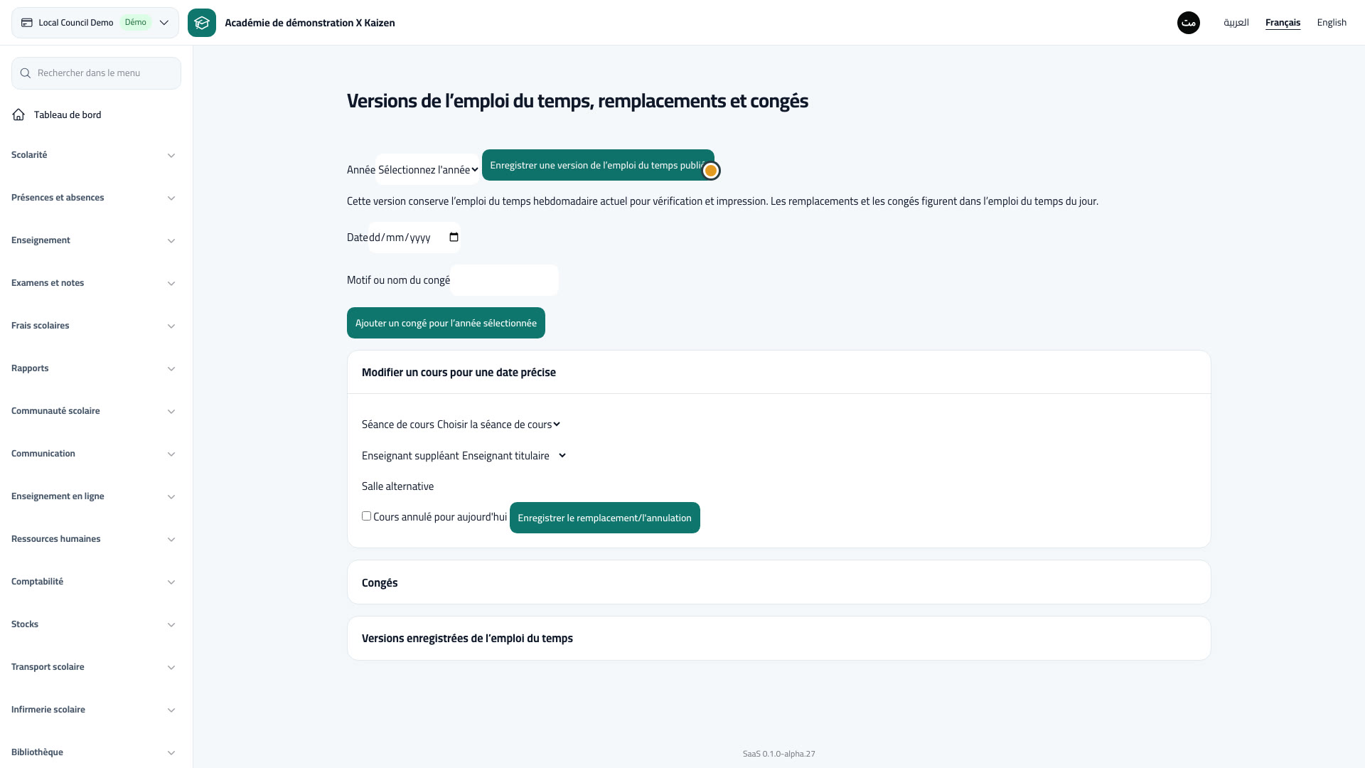 Versions de l’emploi du temps, remplacements et congés