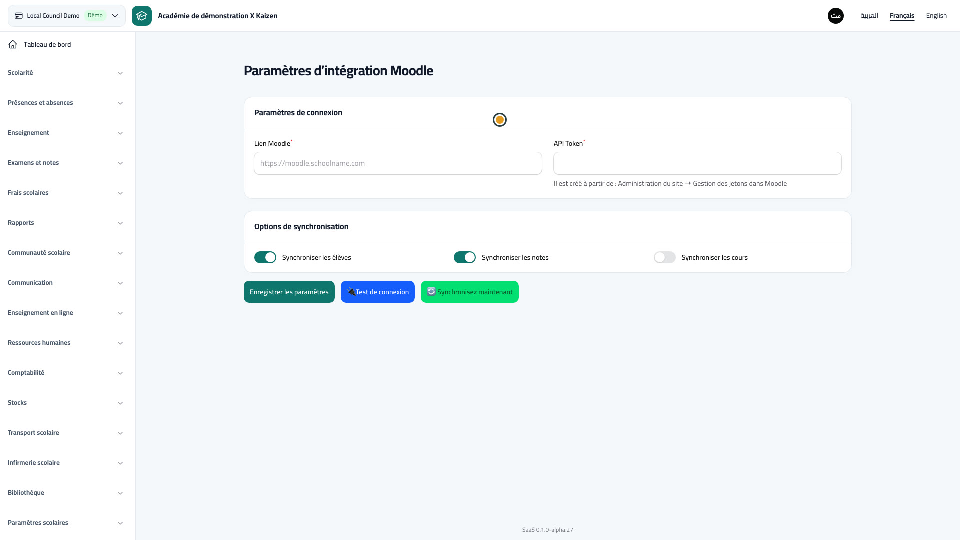 Paramètres d’intégration Moodle